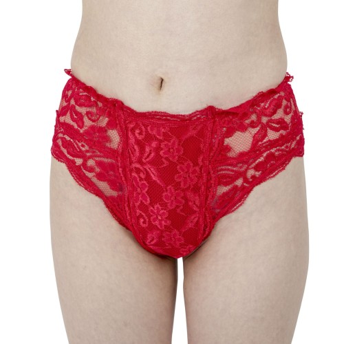 Gender affirming lace lingerie – red gaff on model