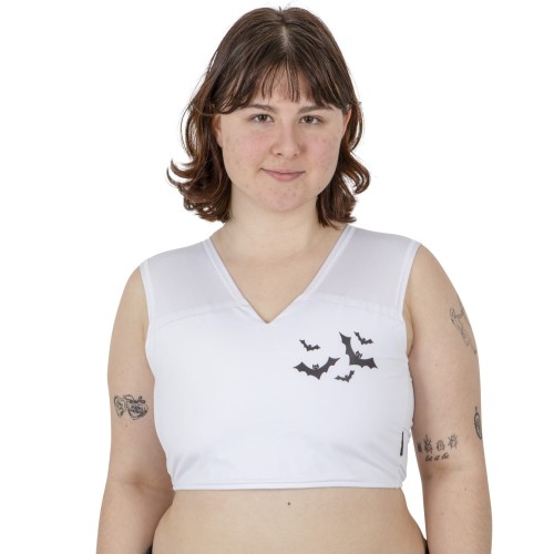 White chest binder with black bat print – front view on model