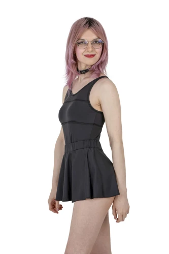 Black swim skirt shown from the side on model.