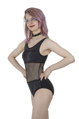 Side view of trans-friendly shaping swimsuit with adjustable straps, worn by model.