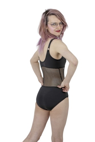Back view of transgender-inclusive one-piece swimsuit with supportive fit.