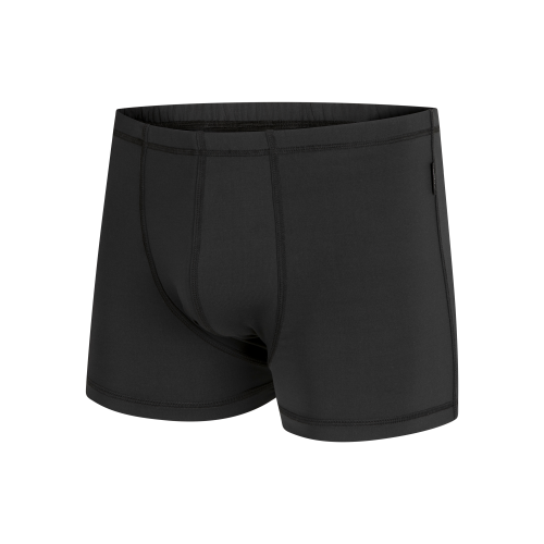 Black Packer Swim Shorts for trans and nonbinary people, front view.