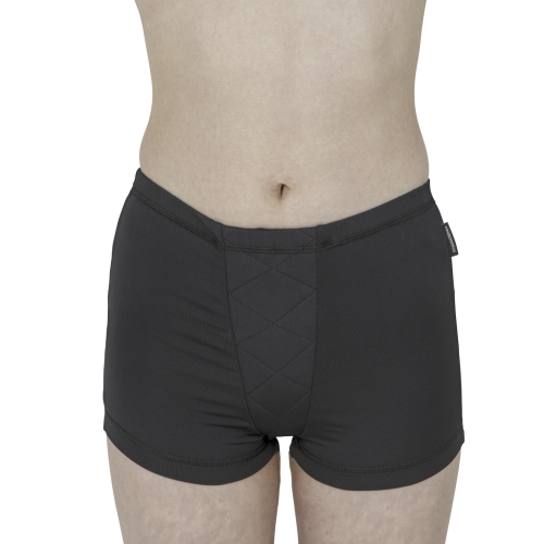 Trans woman wearing black tucking swim bottoms – gender-affirming swimwear for MTF individuals