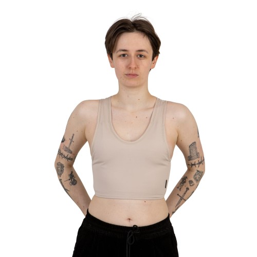 Binder Sport z wyciętymi plecami beżowy - od przodu.