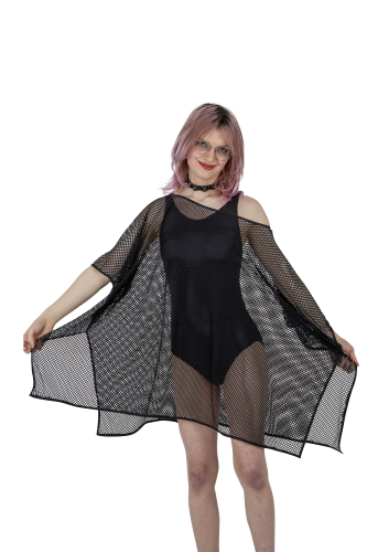 Feminine beach outfit with shaping swimsuit and flowy cover-up, on model.
