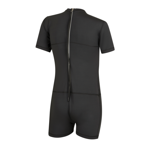 Back view of one-piece swimsuit with long zipper pull cord – easy to zip solo