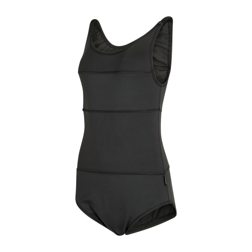 Black one-piece swimsuit for transgender women, front view