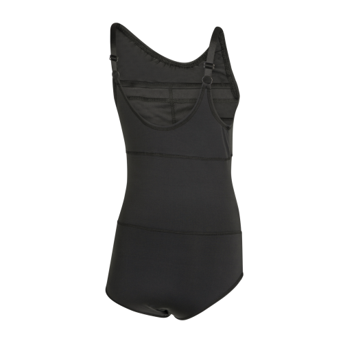 Back view of black one-piece trans-inclusive swimsuit