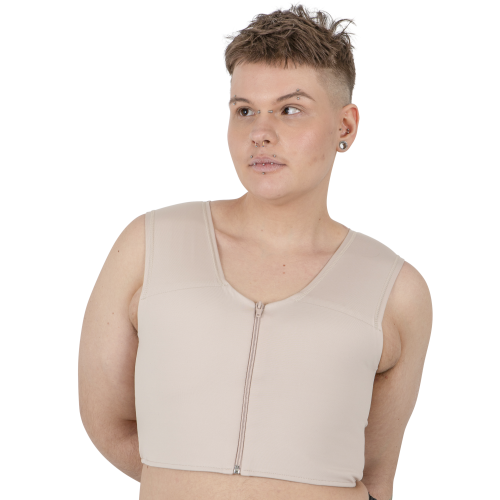 Sport Binder  on model, front view – Beige, middle sewn-in zipper