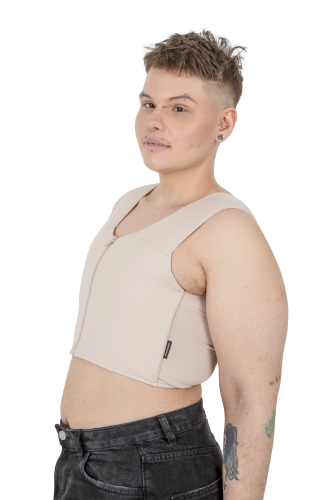 Sport Binder  on model, side view – Beige, middle sewn-in zipper
