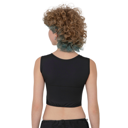Sport Binder  on model, back view – Black, middle sewn-in zipper