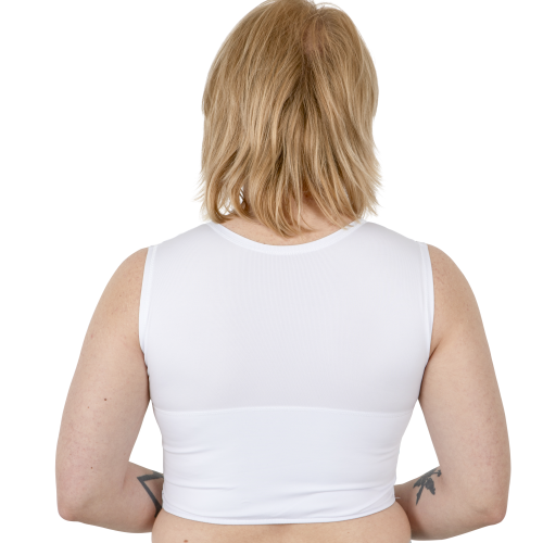 Sport Chest Binder  on model, back view – White, side sewn-in zipper