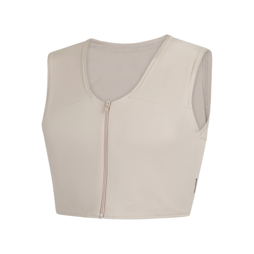 Beżowy binder kompresyjny z zamkiem z przodu – zdjęcie typu ghost na niewidzialnym manekinie