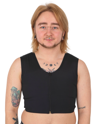 Czarny binder z zamkiem, widok z przodu na modelu – dopasowana bielizna kompresyjna