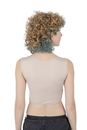 Sport Binder  on model, back view – Beige, side sewn-in zipper